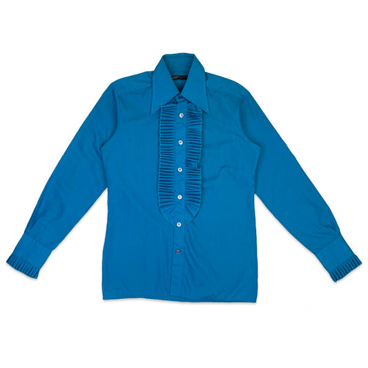 70s Blue Ruffled Poet Shirt with Dagger Collar M