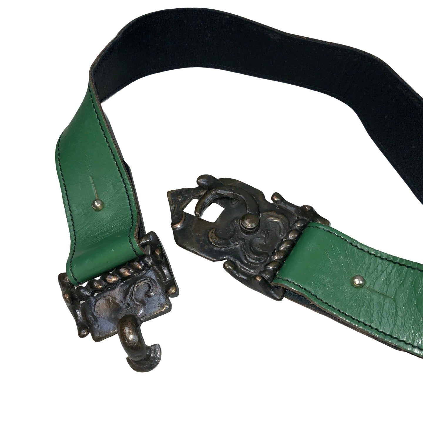 Vintage 80s 90s Green Gold Leather Unique Flip Lock Buckle Belt