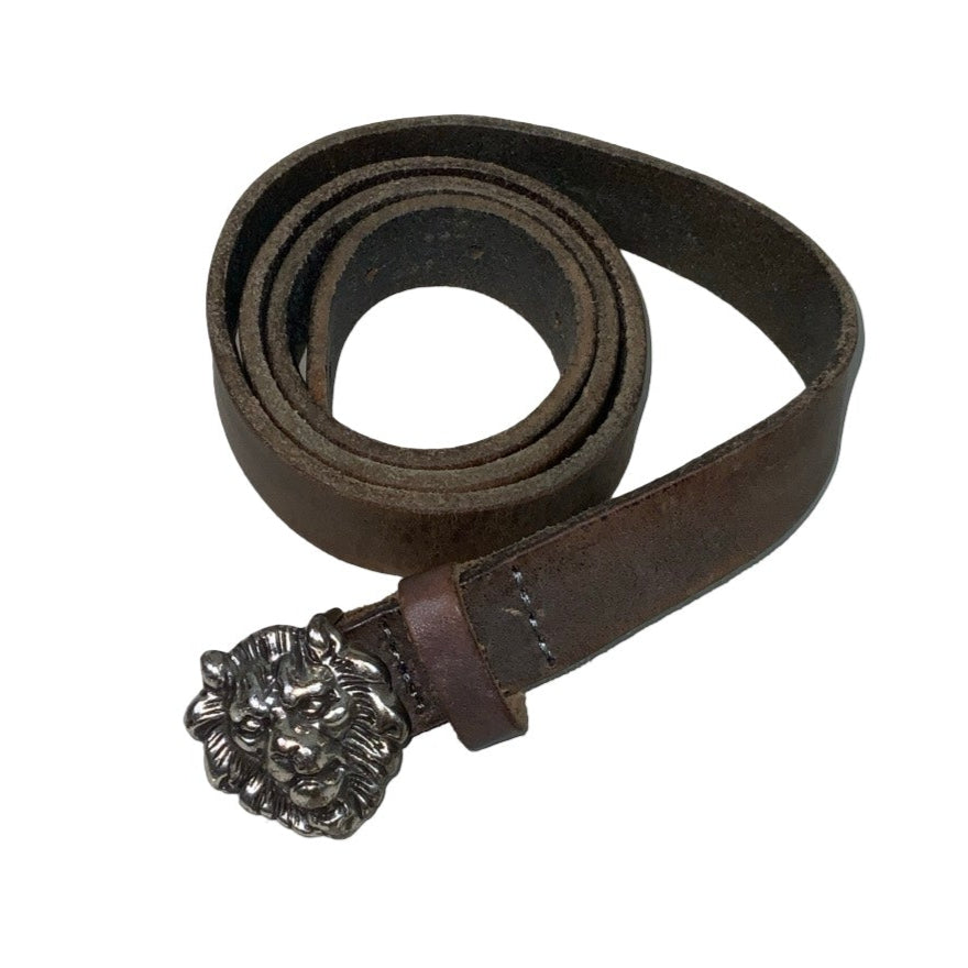 Vintage 80s 90s Thin Brown Suede (524) Leather Silver Lion Stud Buckle Belt