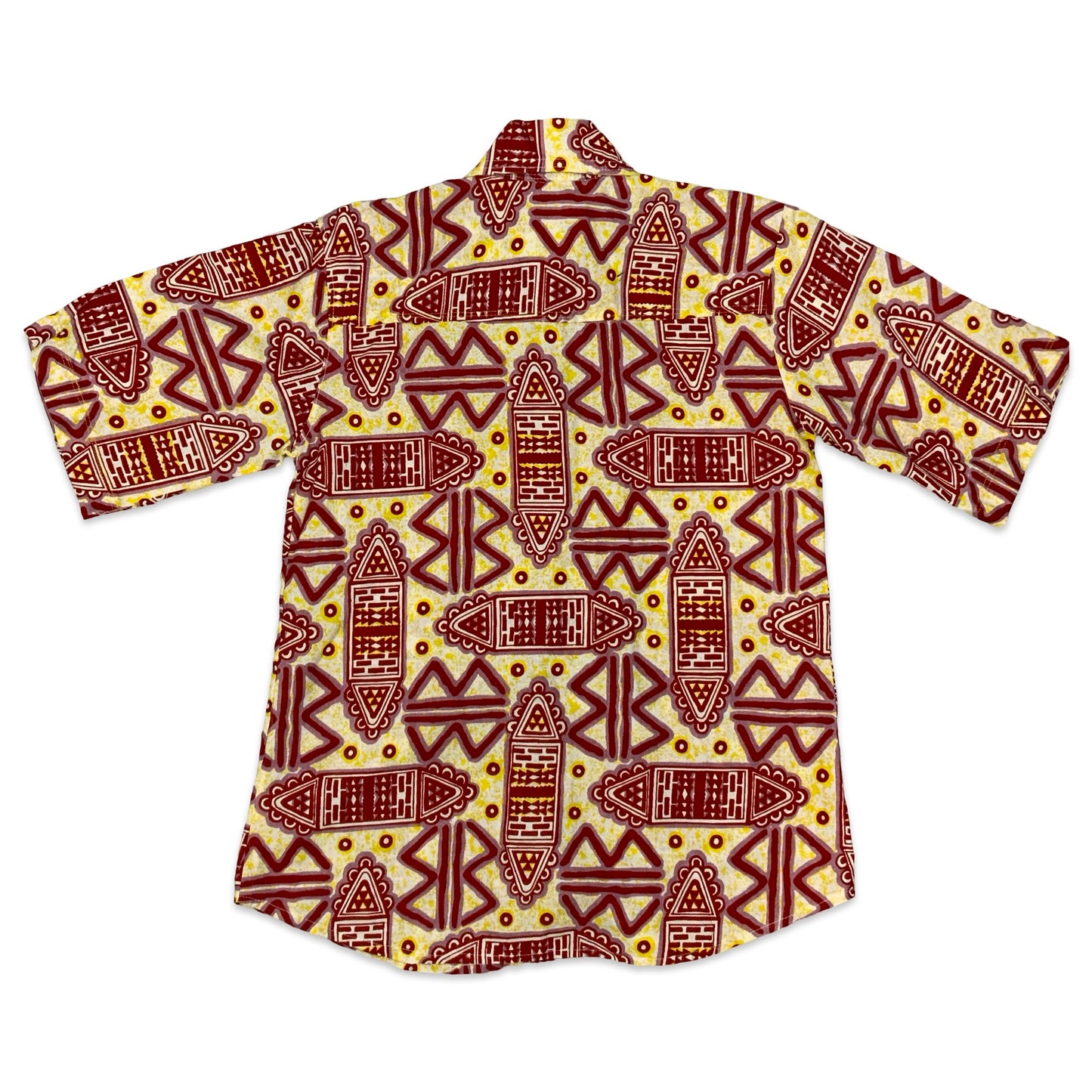 70s Red & Yellow Aztec Print Dagger Collar Shirt M