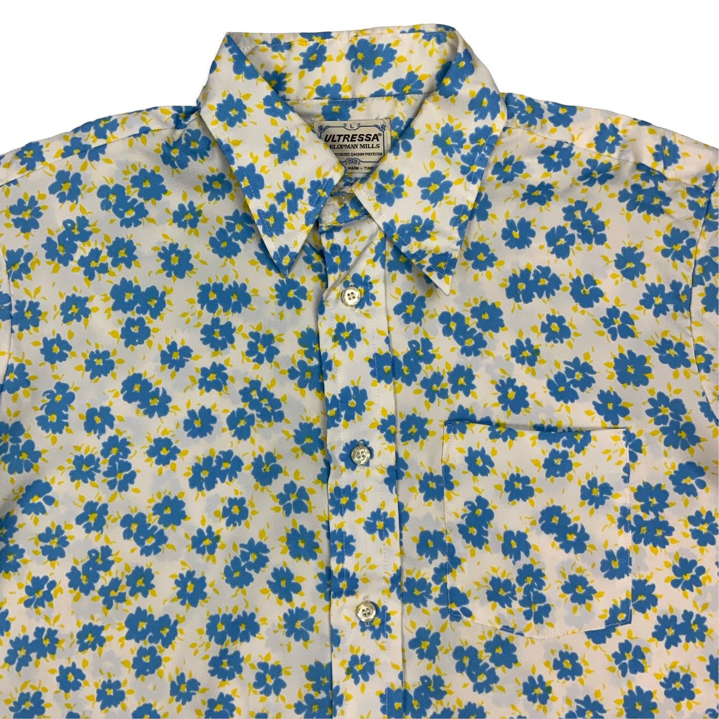 70s White Blue & Yellow Floral Print Dagger Collar Shirt XL