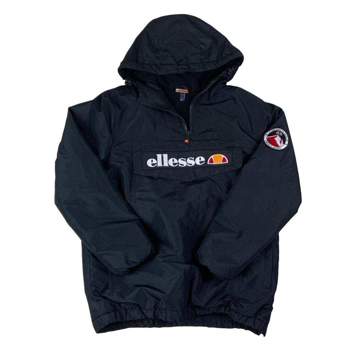 Vintage 90s ‘Ellesse’ Black Pull-Over Spell-Out Windbreaker Coat M L XL