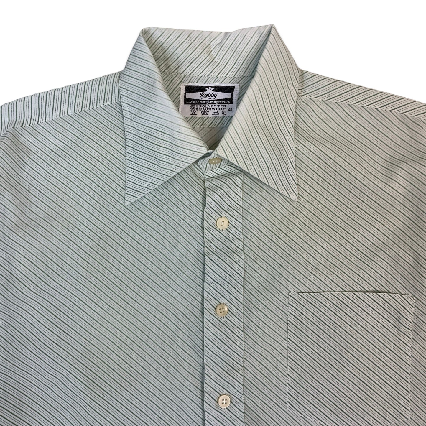 70s White & Green Striped Dagger Collar Shirt L