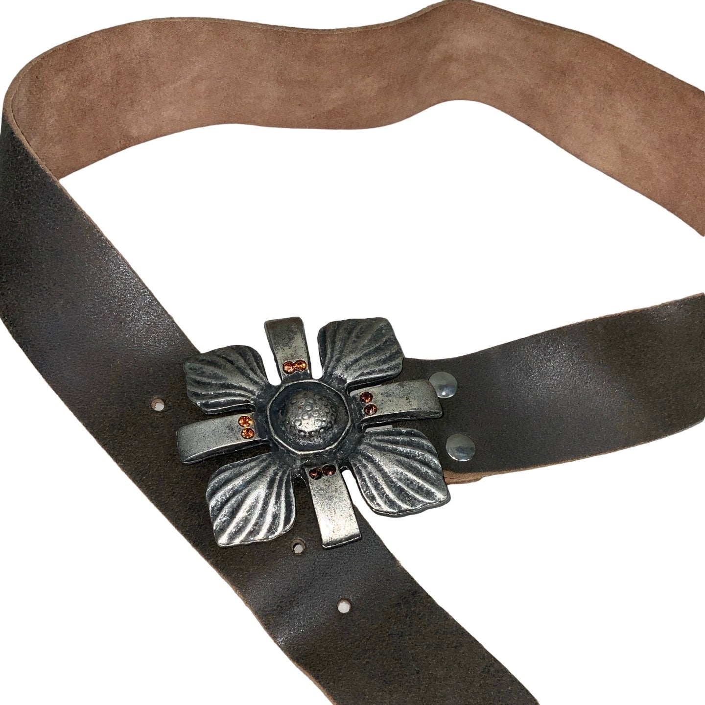 Vintage 90s 00s Y2k Brown Suede Low-Rise Leather Flower Silver Orange Gem Stud Buckle Belt