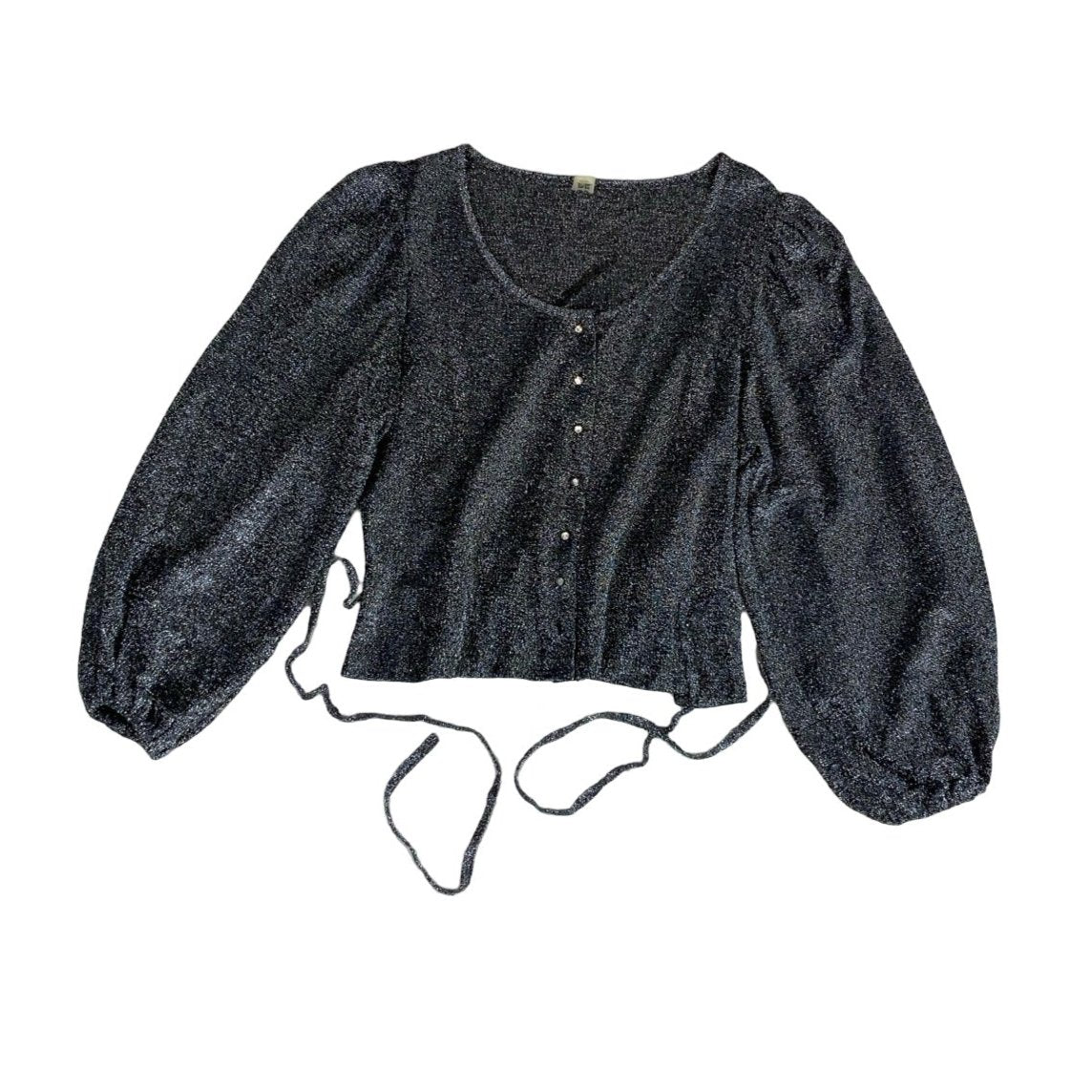 Silver Black Balloon Sleeve Crop Blouse Top S 10 12