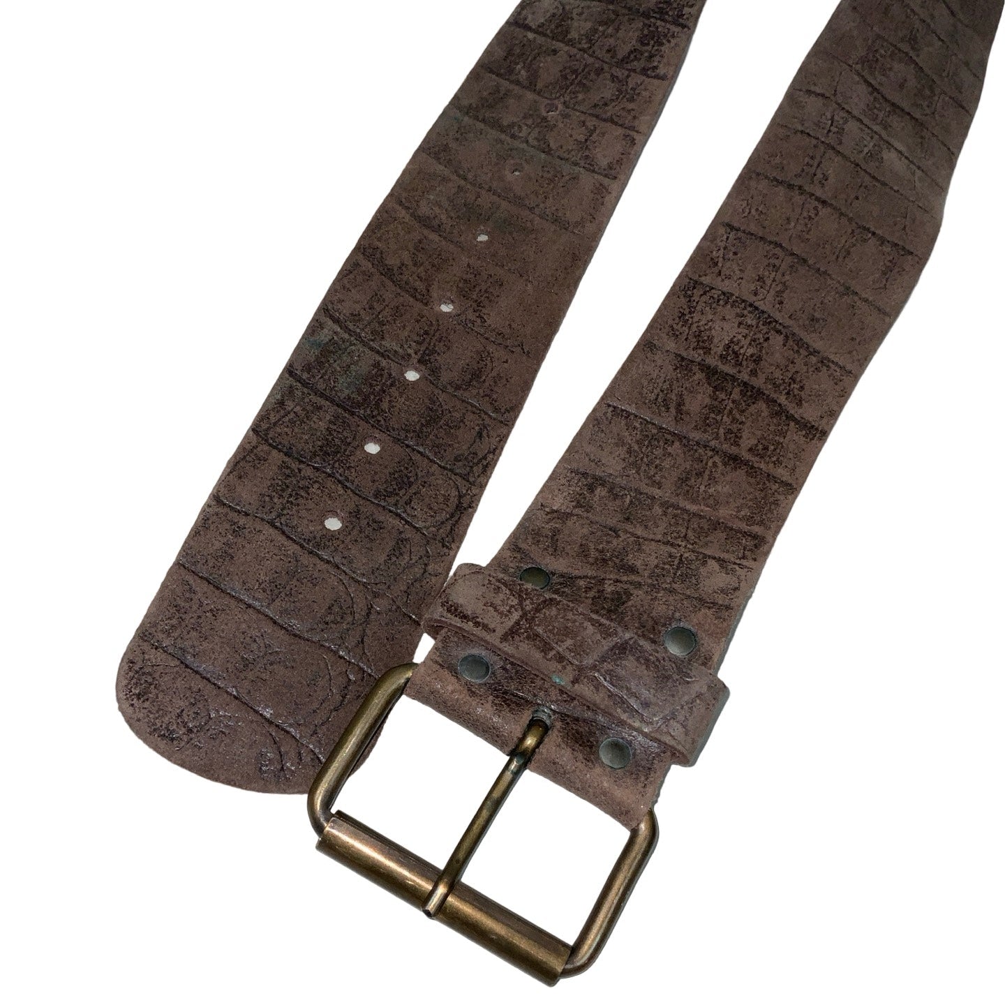 Vintage 90s 00s ‘Huft Gold’ Brown Suede Croc Embossed Leather Buckle Belt