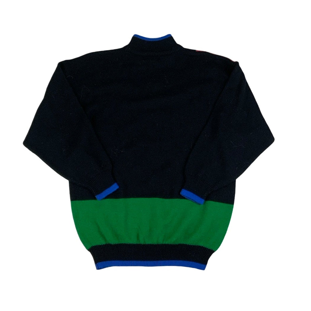 Vintage 80s ‘Yoúng Fashion’ Spell-Out Black Green Red Embroidered Sweater Jumper 12 14