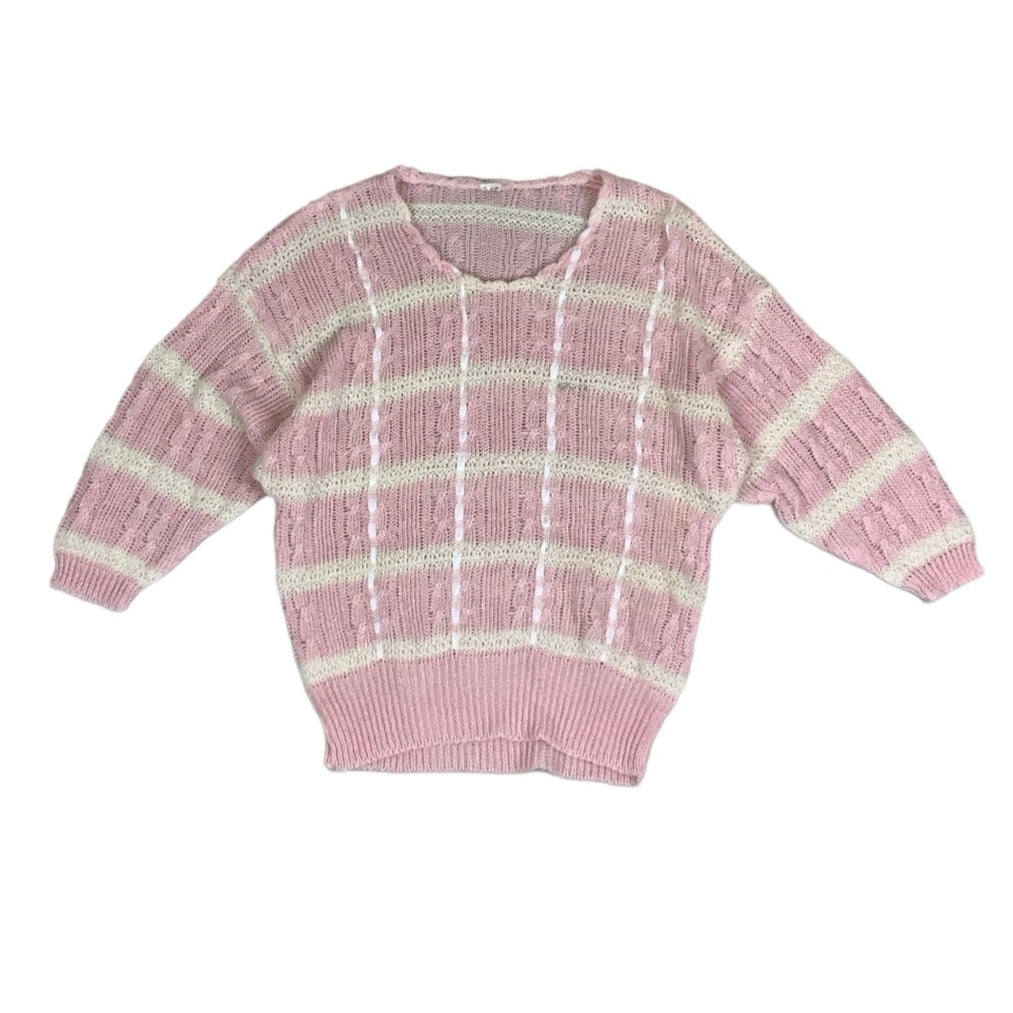 Vintage 80s 90s Pink White Stripe Check Batwing Knitted Jumper Top 8 10