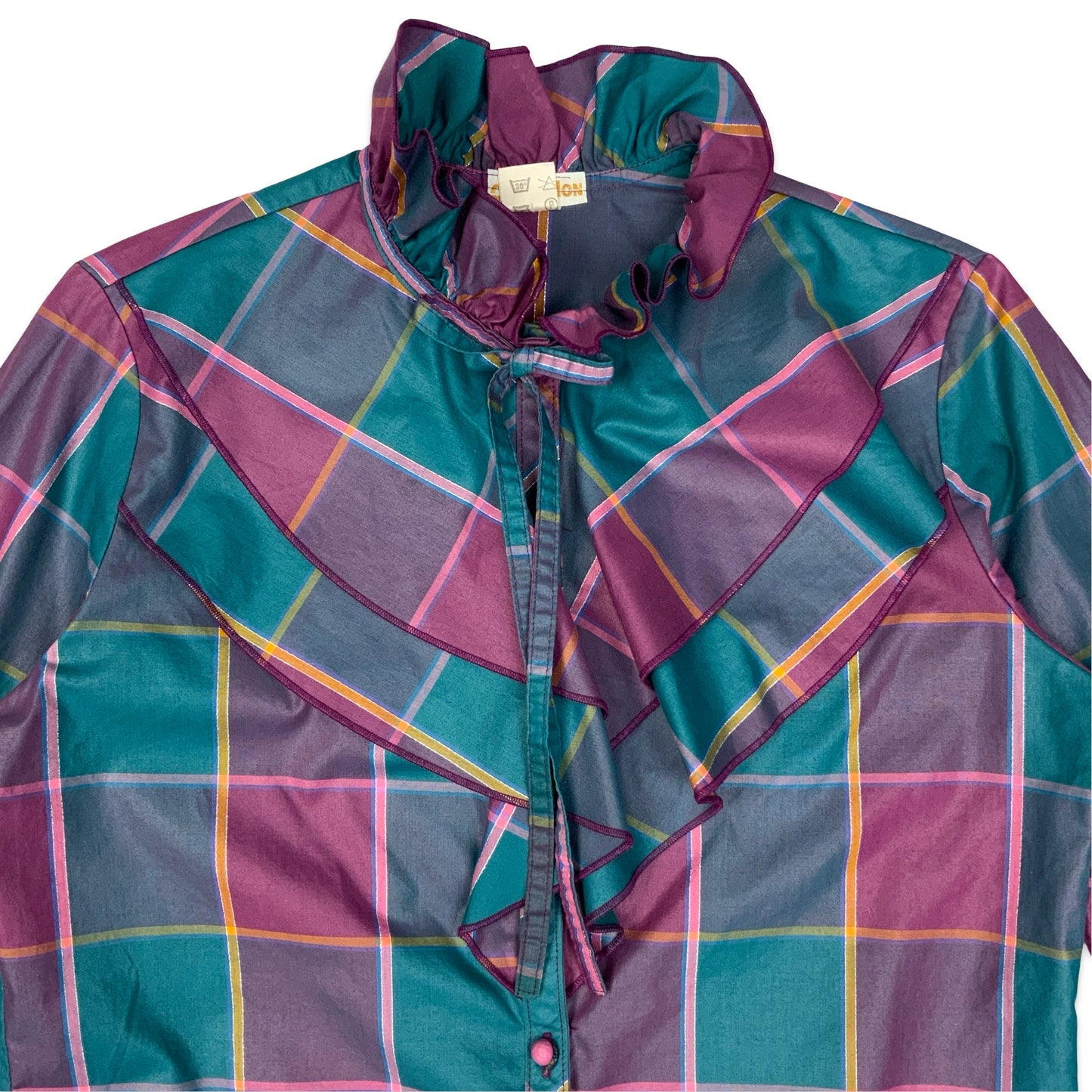 Vintage Purple & Teal Check Shirt with Frilly Collar 12