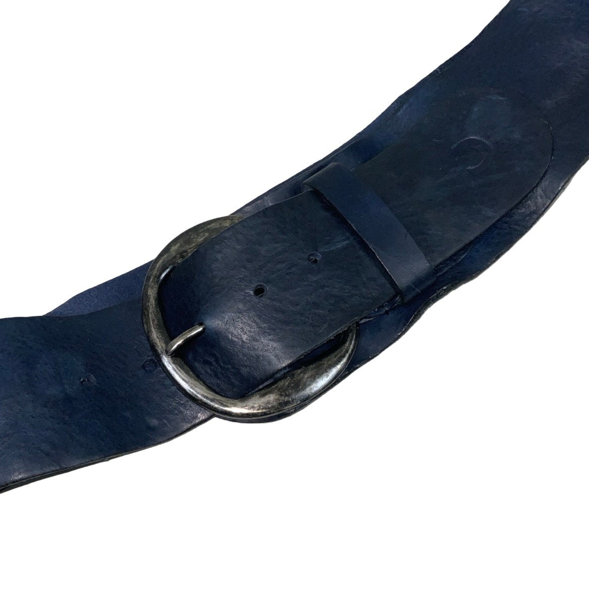 Vintage 90s ‘Moscow’ Blue Suede Leather Silver Circular Slide Buckle Low Waist Belt