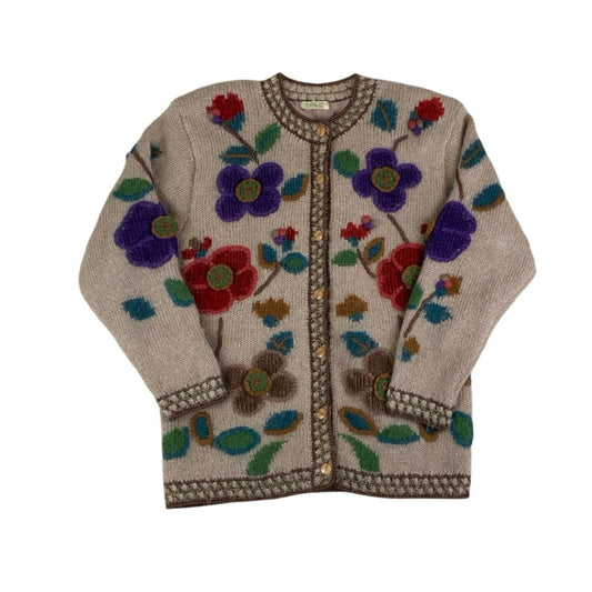 Vintage 80s 'Royal City' Beige Embroidered Floral Cardigan M 14 16