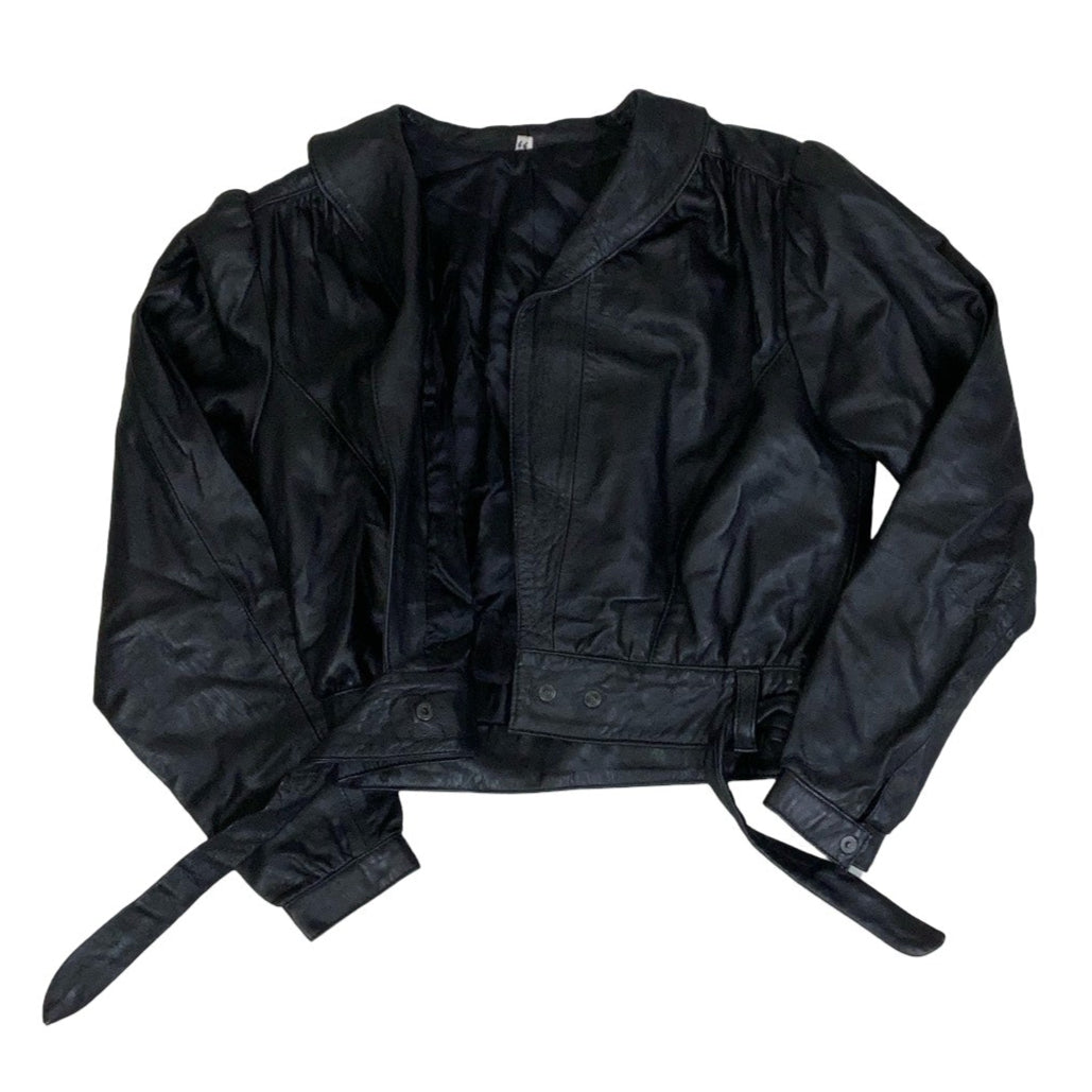 Vintage 90s Black Crop Tie-Up Biker Punk Leather Jacket 12 14 S