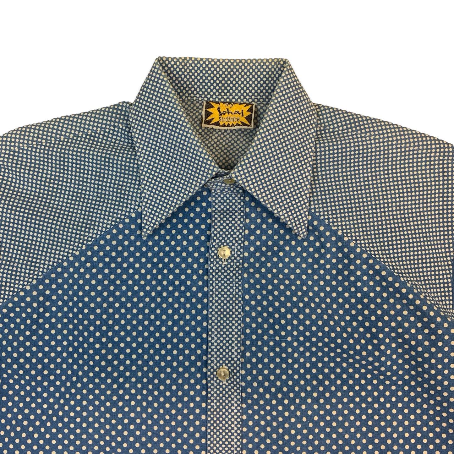 70s Blue & White Polka Dot Dagger Collar Shirt L