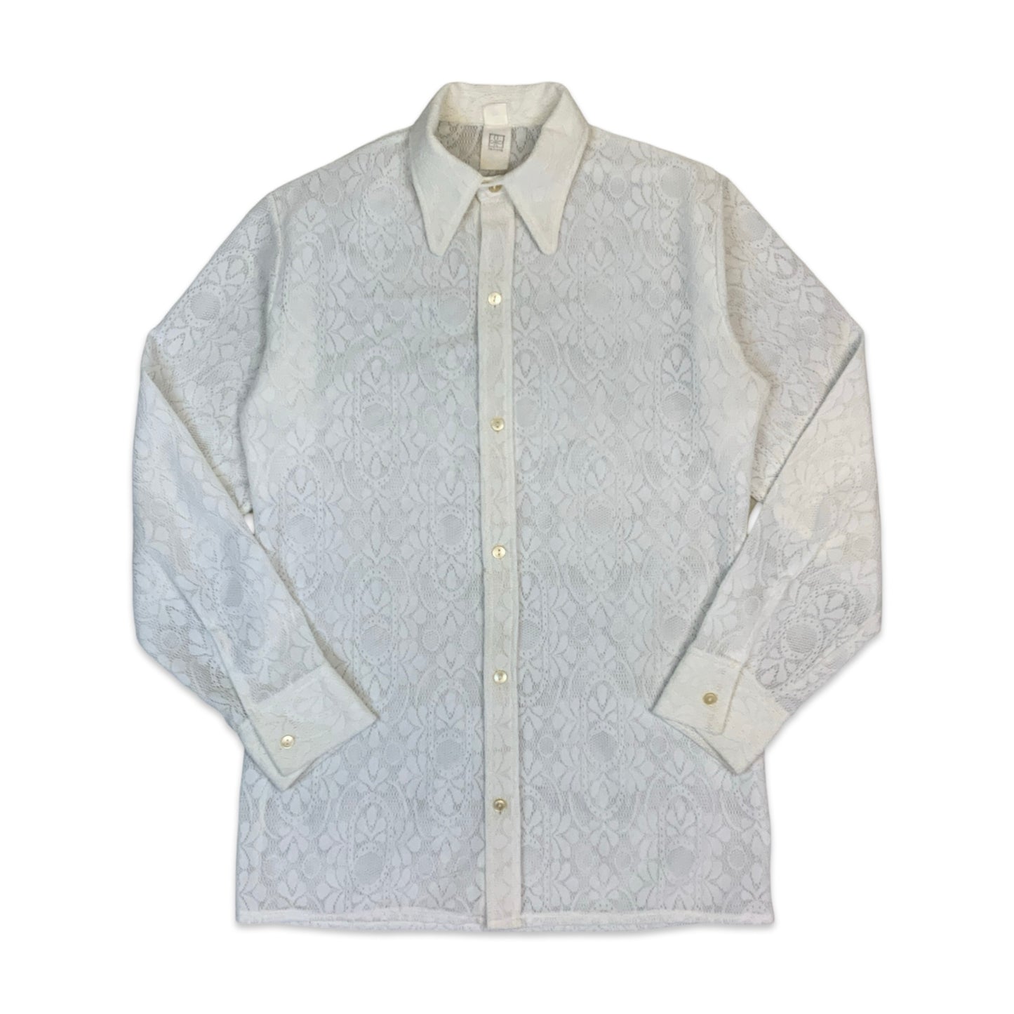 70s White Floral Lace Dagger Collar Shirt M