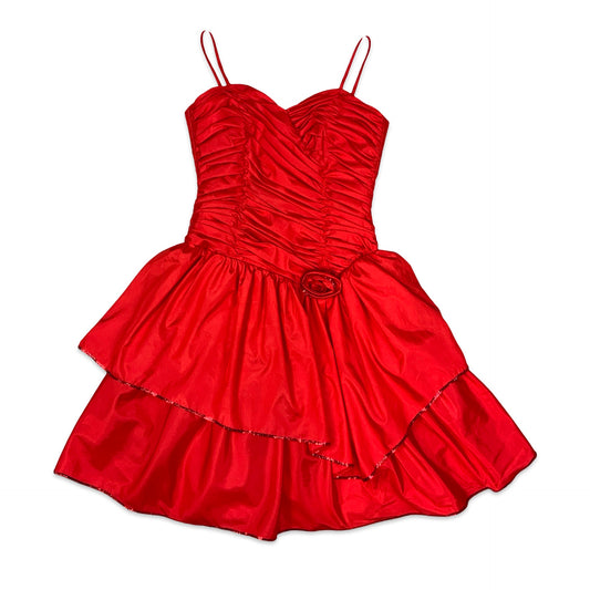 Vintage Red Satin Party Dress with Tiered Pleated Skirt 14