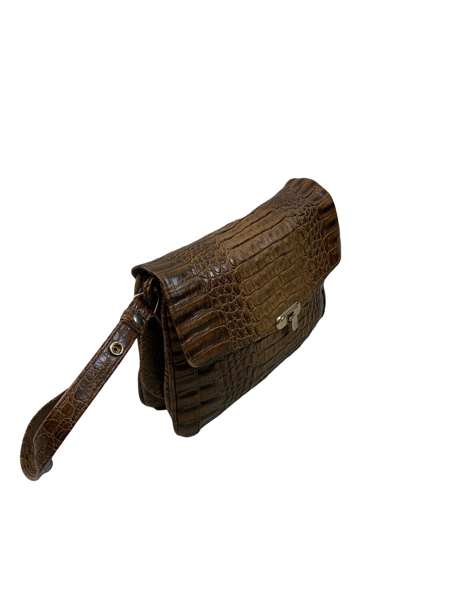 Vintage Brown Croc Print Turn Lock Shoulder Bag