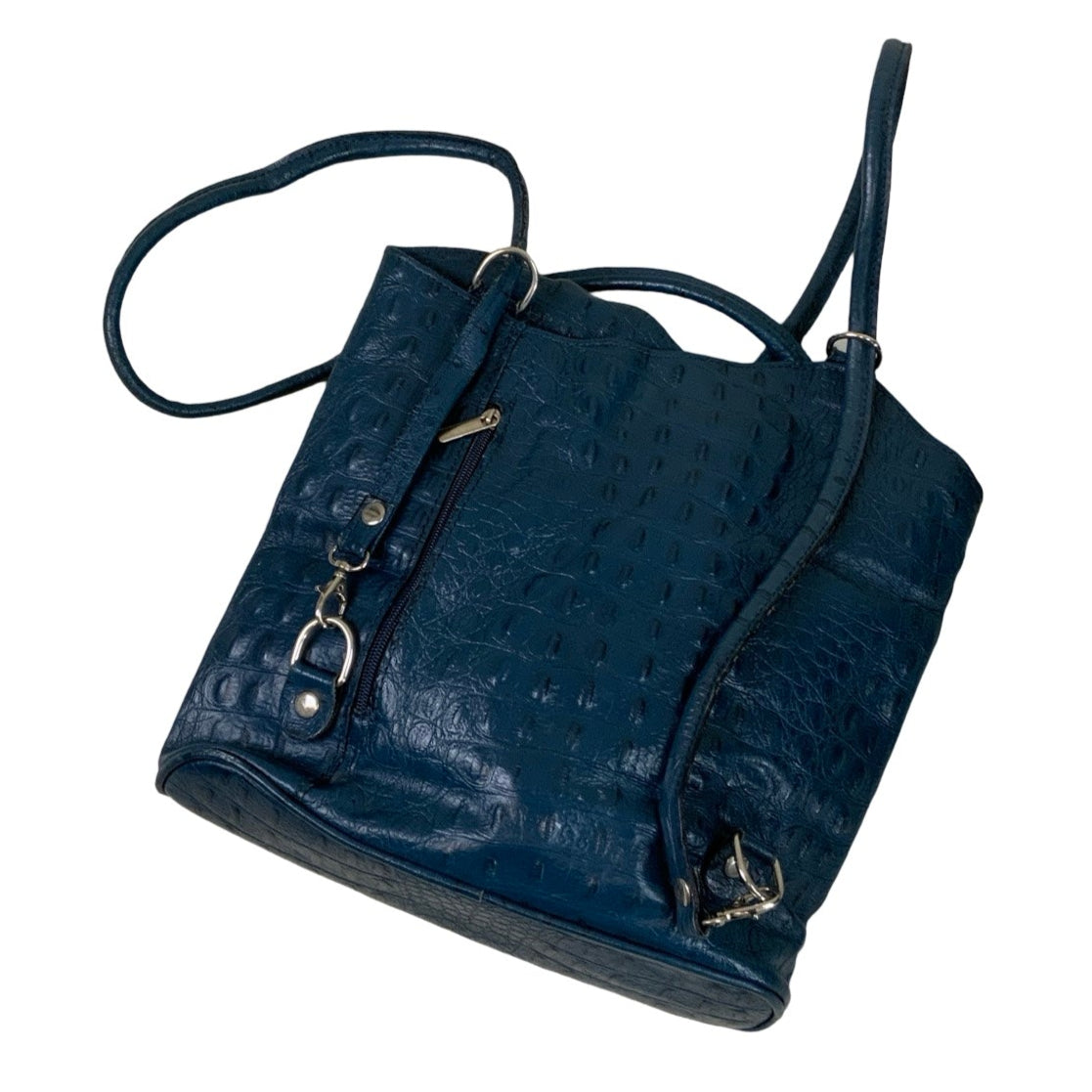 Vintage 90s Blue Moc Croc Leather Textured Multi-Styled Backback Shoulder Bag