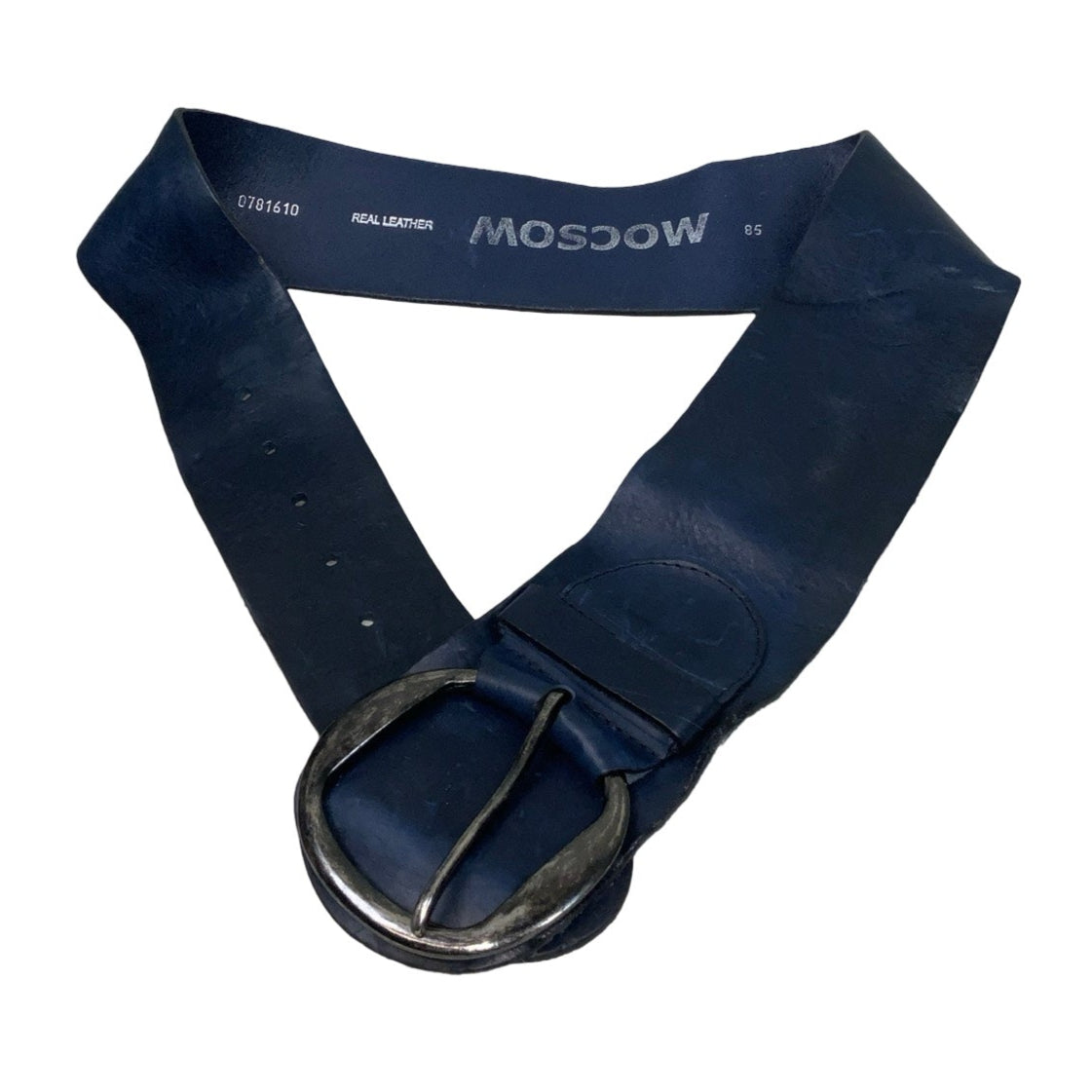 Vintage 90s ‘Moscow’ Blue Suede Leather Silver Circular Slide Buckle Low Waist Belt