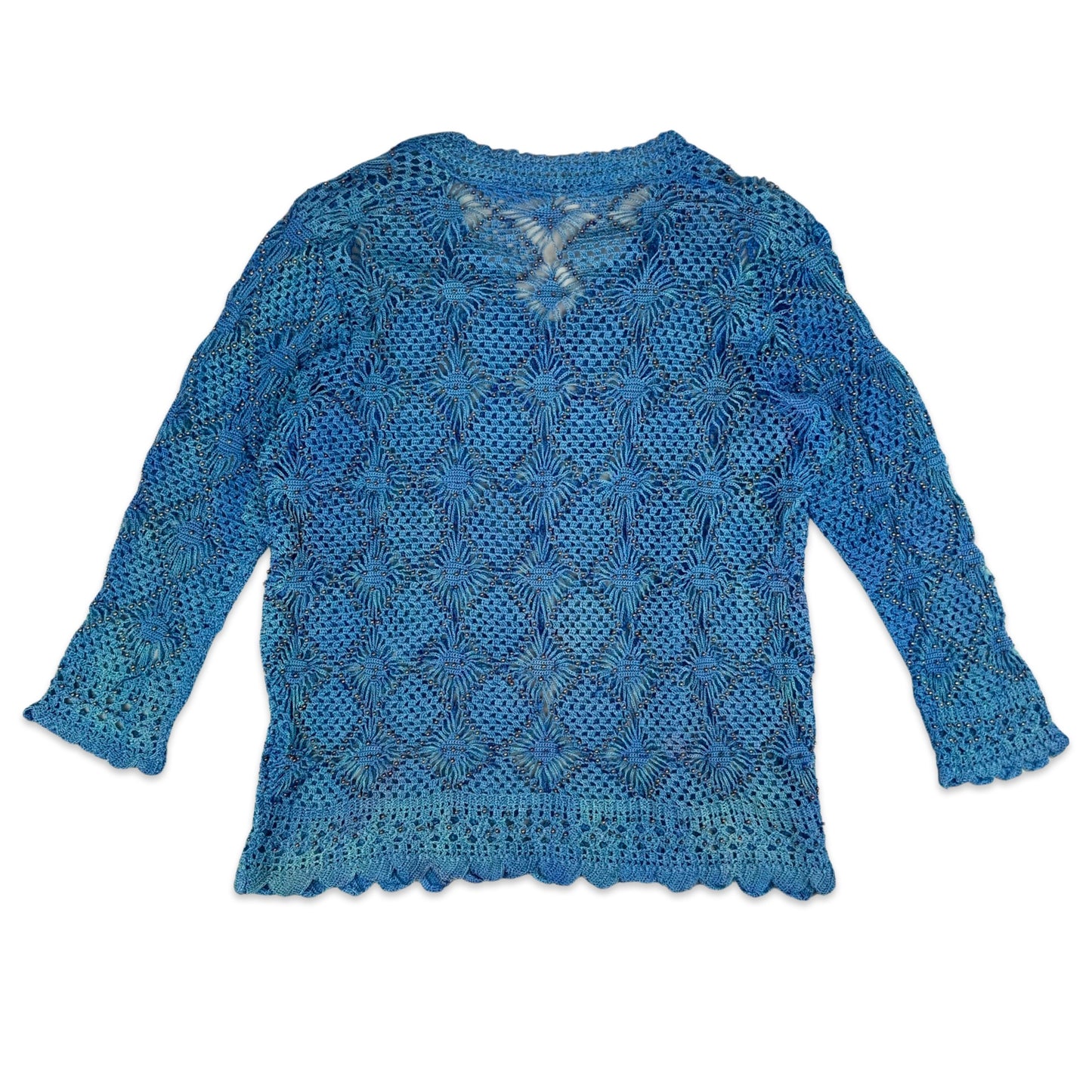 Vintage Blue Gold Crochet Sheer Tunic Top Dress