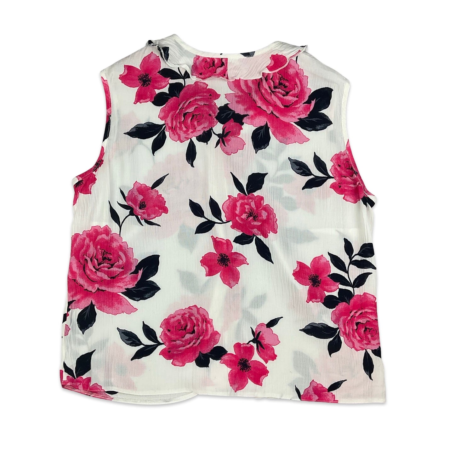 Vintage White Pink & Black Floral Sleeveless Blouse 10 12 14 16