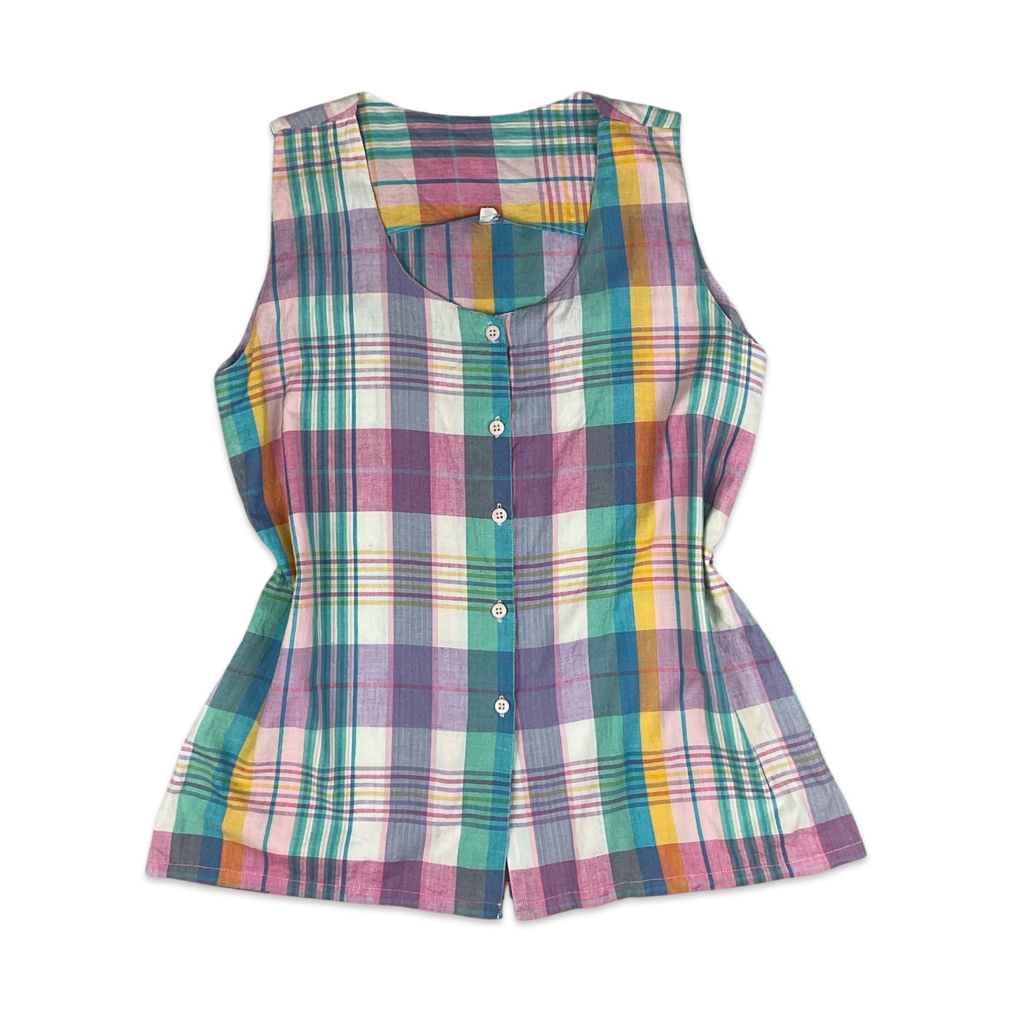 Vintage Pastel Plaid Button Up Sleeveless Blouse 8 10 12