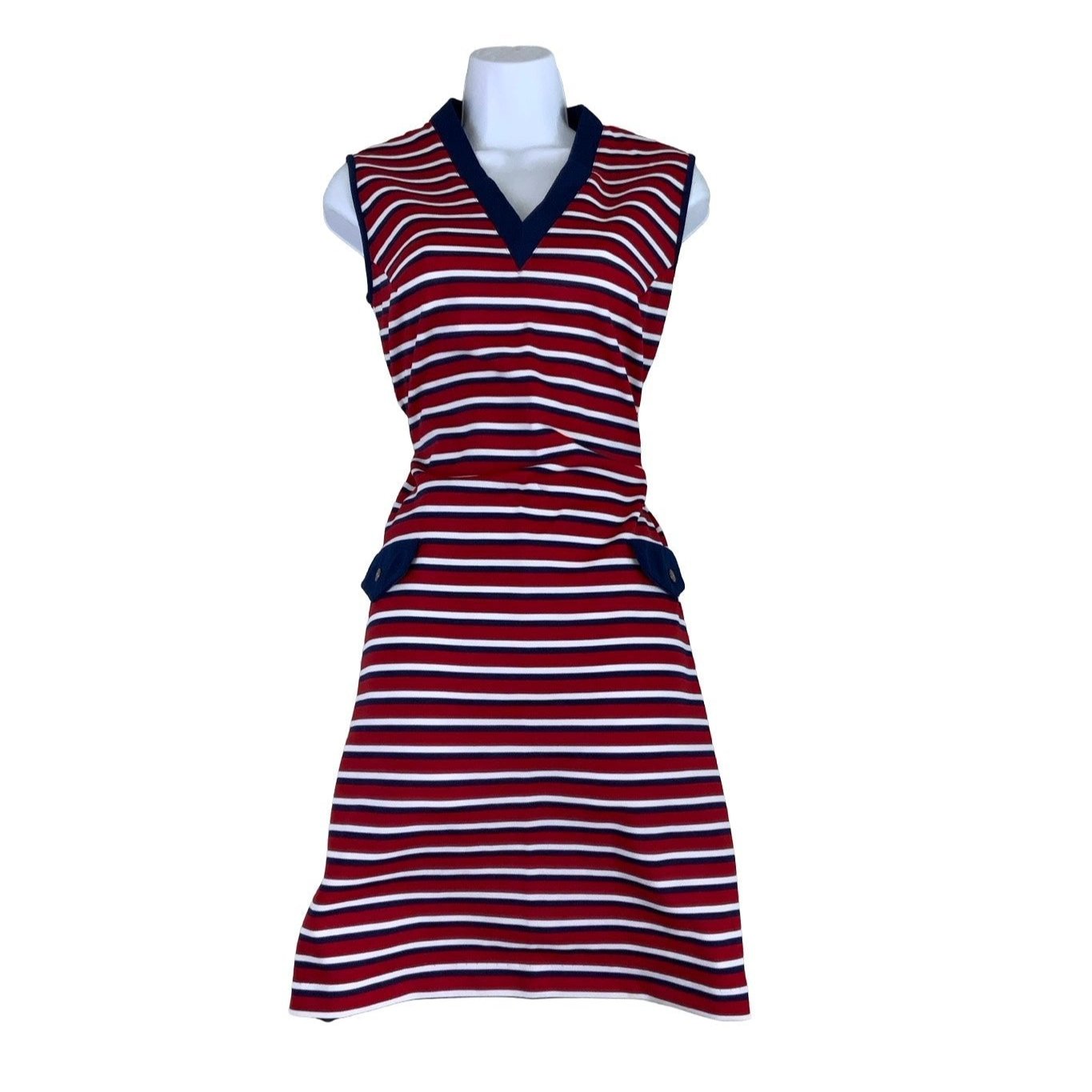 Vintage 60s 70s ‘Miloty’ Red Blue Stripe V-Neck Shift Dress 10 12