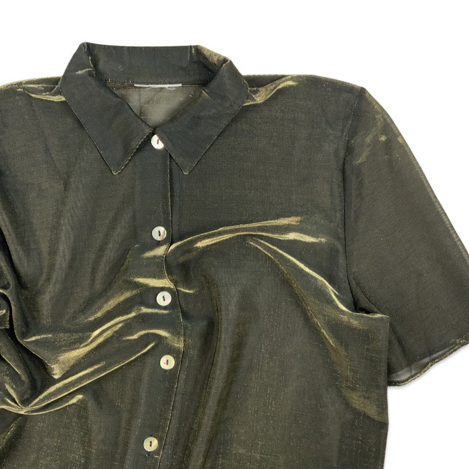 Vintage Black Lurex Short Sleeved Blouse Gold Shimmer 14 16 18