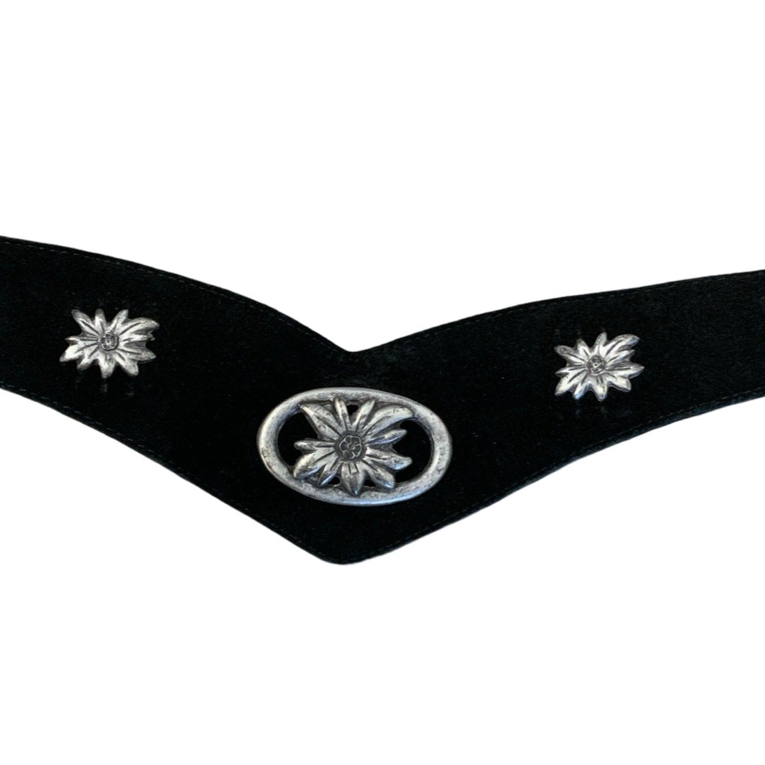 Vintage Black Suede Leather Western Silver Flower Stud Belt