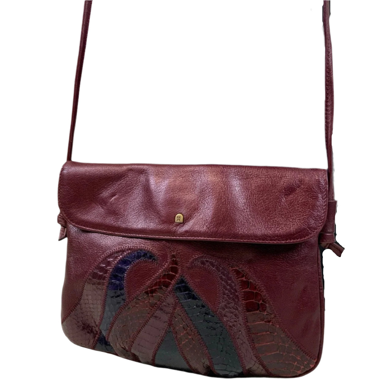 Vintage 90s does 70s Burgundy Black Snakeskin Shoulder Patchwork Purse Shoulder Bag Handbag