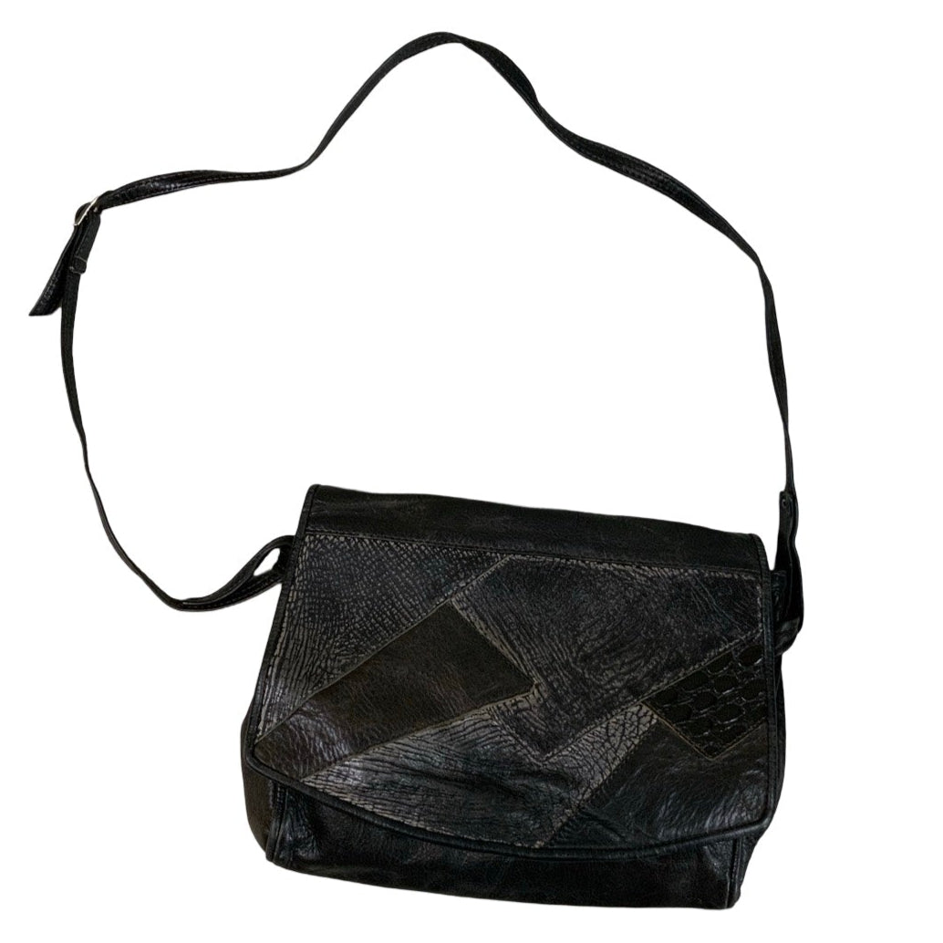 Vintage 80s 90s Black Patchwork Textured Leather Side Shoulder Crossbody Bag