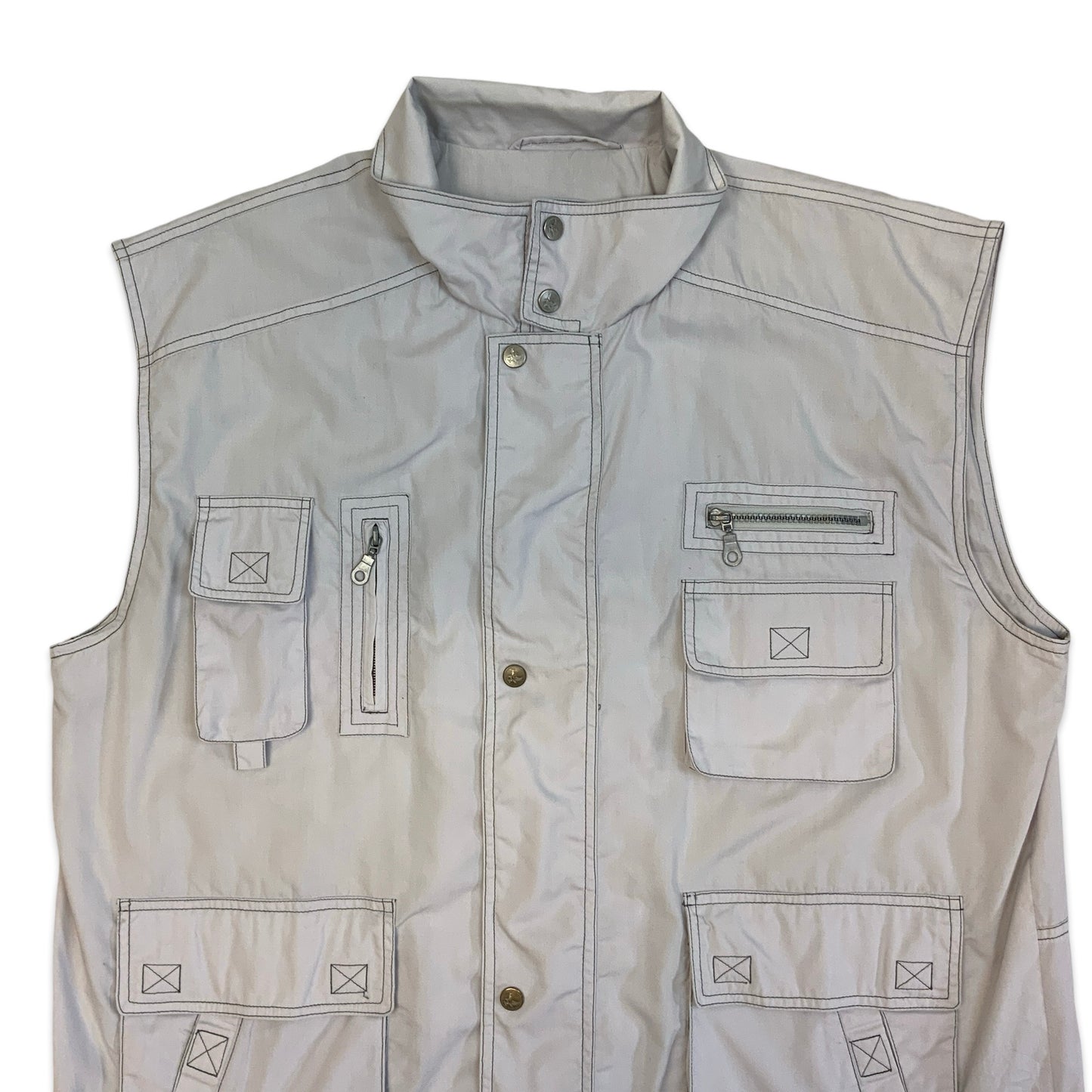 Y2K Off White with Grey Top Stitch Utility Cargo Waistcoat Vest XL XXL