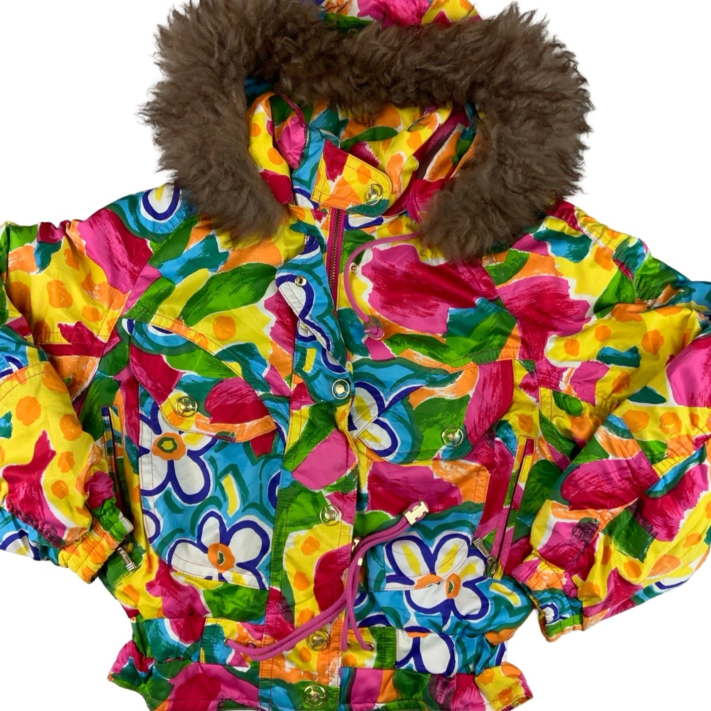 Vintage 80s 90s ‘Ellesse GoldWin’ Yellow Blue Green Red Floral Vibrant Crop Ski Puffer Coat S 10 12