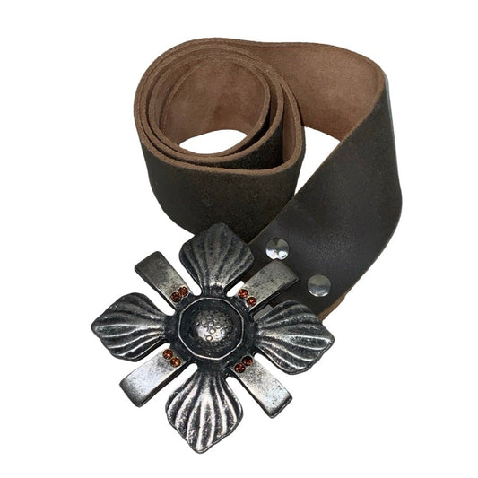 Vintage 90s 00s Y2k Brown Suede Low-Rise Leather Flower Silver Orange Gem Stud Buckle Belt