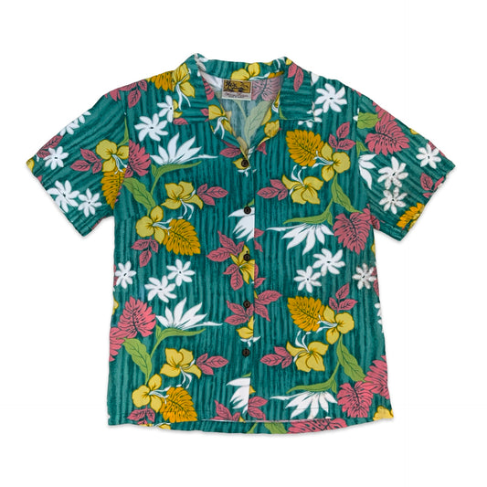 90s Teal Yellow & Pink Floral Hawaiian Shirt 8 10 12