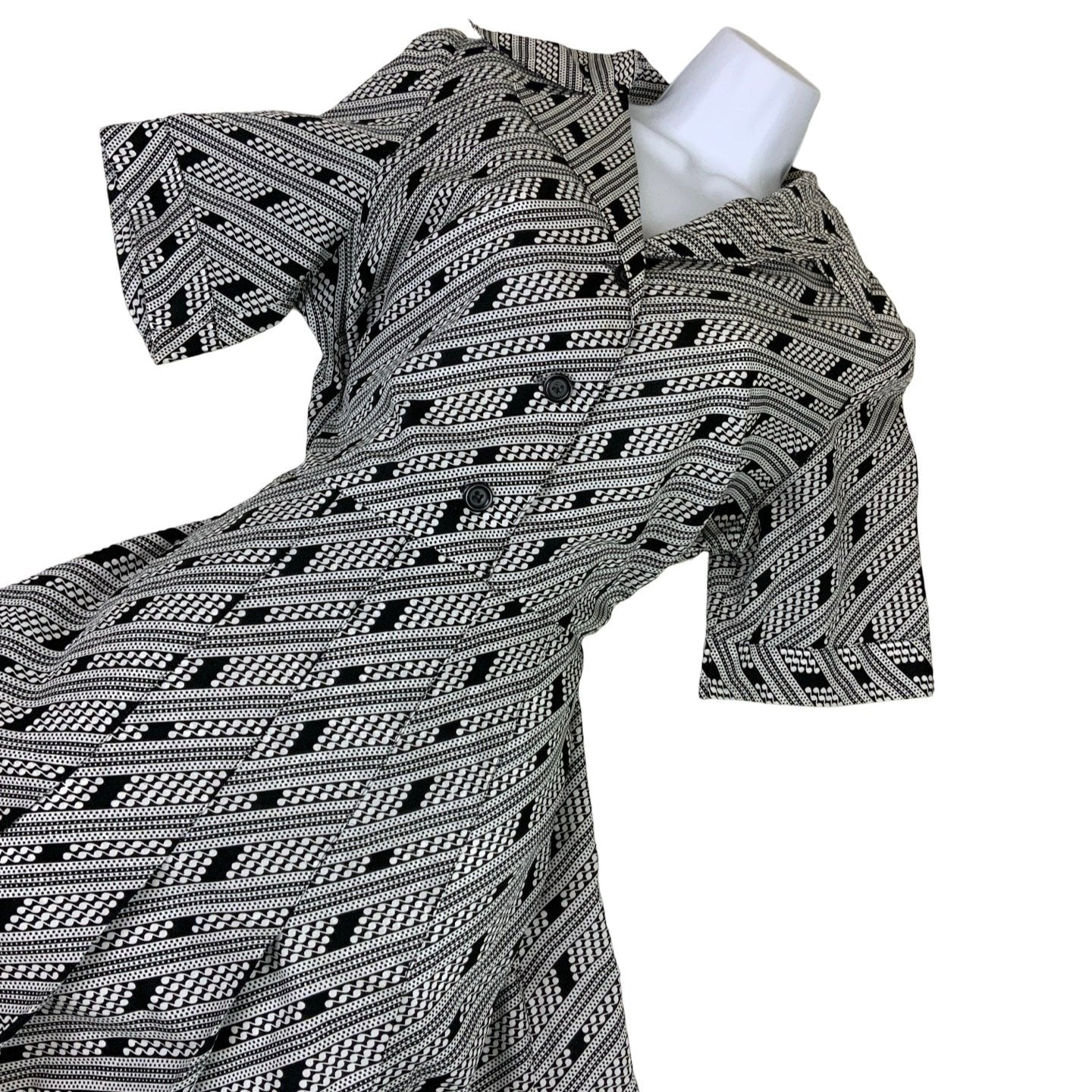 Vintage 60s 70s Black White Camp Collar Shift Dress 12 14 16