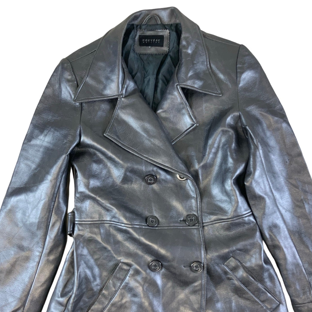 Vintage ‘Nouveau Edition’ Charcoal Silver Camp Collar Double Breasted Trench Leather Coat Jacket S 10 12