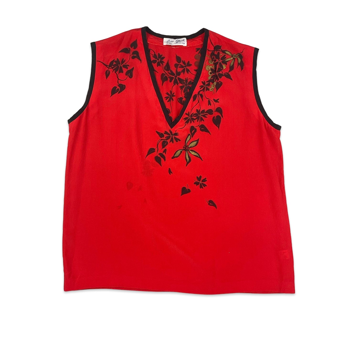 Vintage Red Silk Vest Top with Black & Gold Floral Print 8 10 12 14