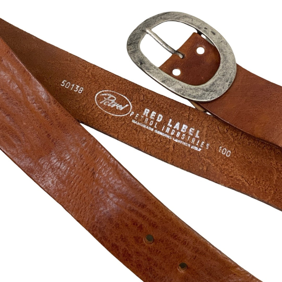 Vintage 90s ‘Petrol Industries’ Red Label Brown Croc Embossed Leather Silver Oval Buckle Belt