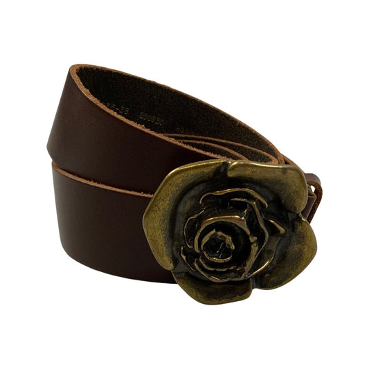 Vintage Brown Leather Gold Tone Rose Buckle Belt