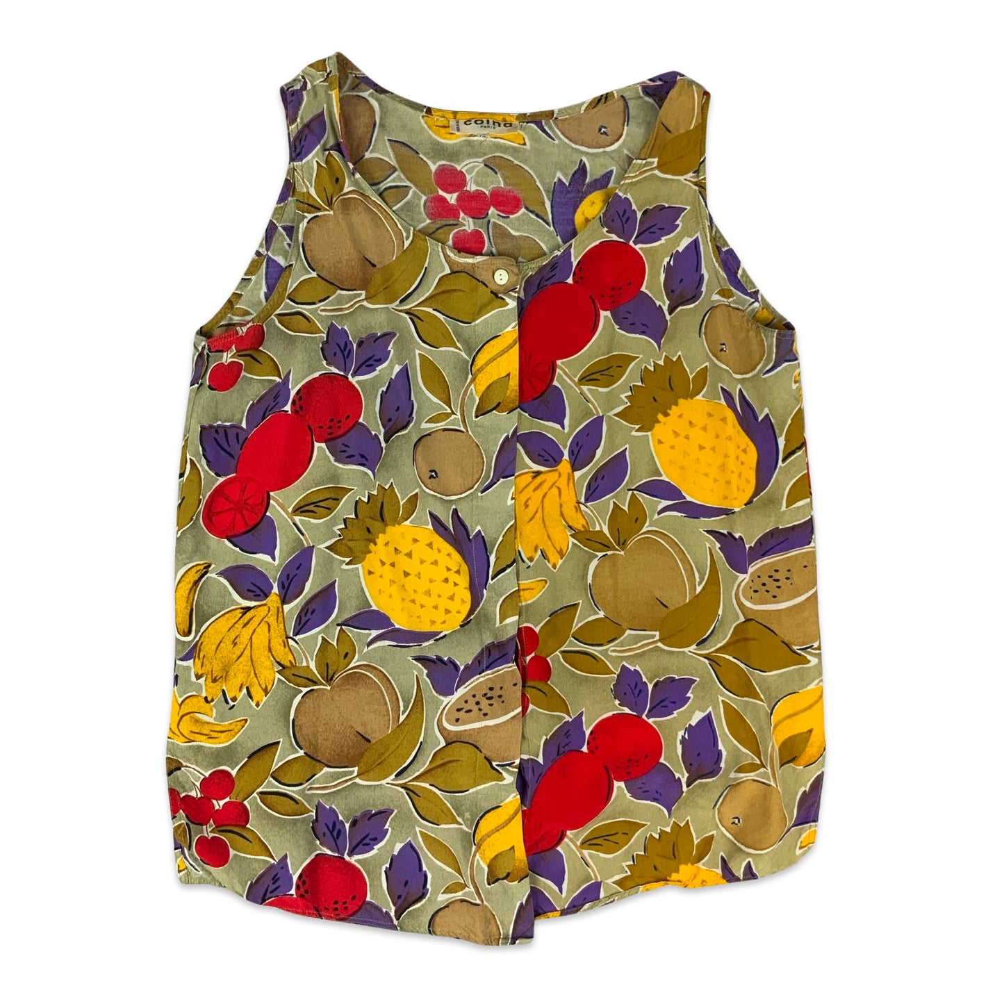 80s Fruit Print Button Up Sleeveless Blouse