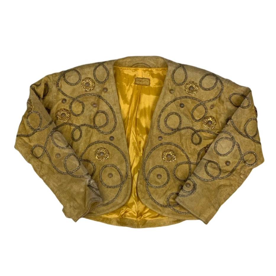 Vintage 80s ‘Whompilli’ Mustard Yellow Gold Embroidered Embellished Crop Suede Leather Jacket 14 16 M