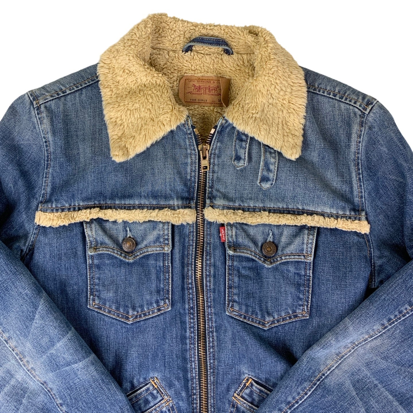 Vintage 90s Levi Strauss & Co Sherpa Zip-Up Denim Jacket 12 14 S M