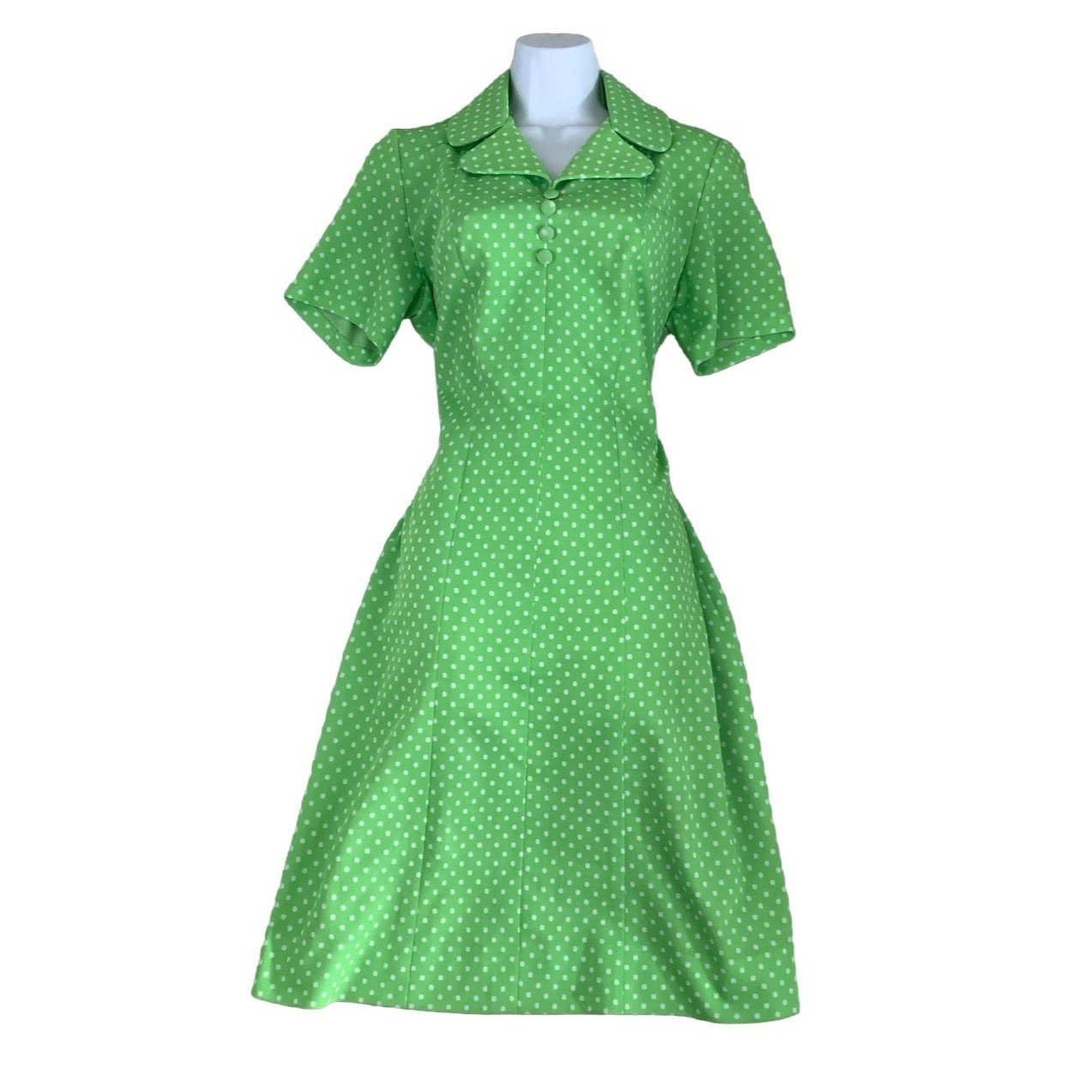 Vintage 60s 70s Green White Polka Dot Mini Dress 12 14