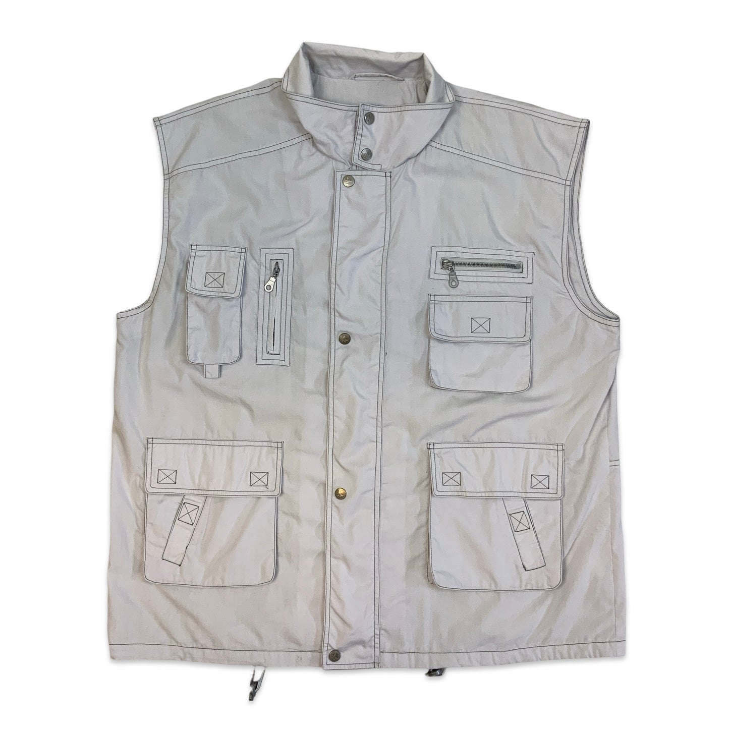 Y2K Off White with Grey Top Stitch Utility Cargo Waistcoat Vest XL XXL