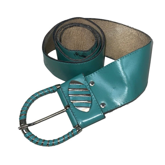 Vintage 80s 90s Retro Teal Green Glossy Leather Silver Buckle Belt