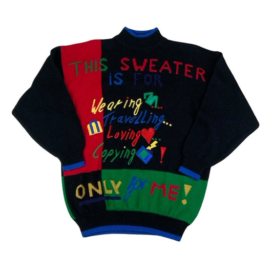 Vintage 80s ‘Yoúng Fashion’ Spell-Out Black Green Red Embroidered Sweater Jumper 12 14