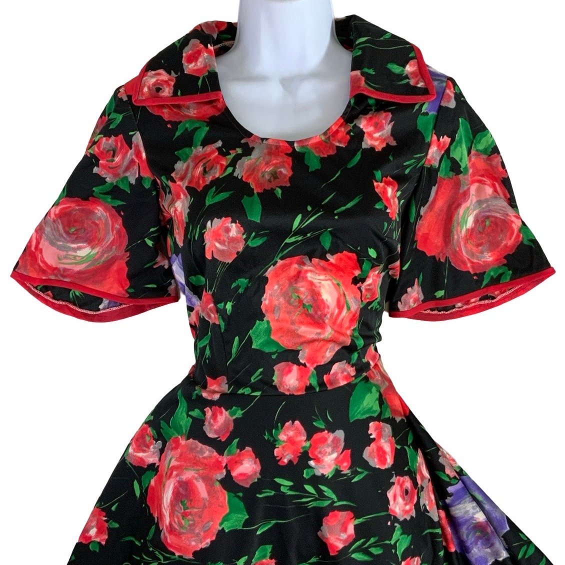 Vintage 60s 70s Black Red Purpe Flowal Aline Dress 6 8 10