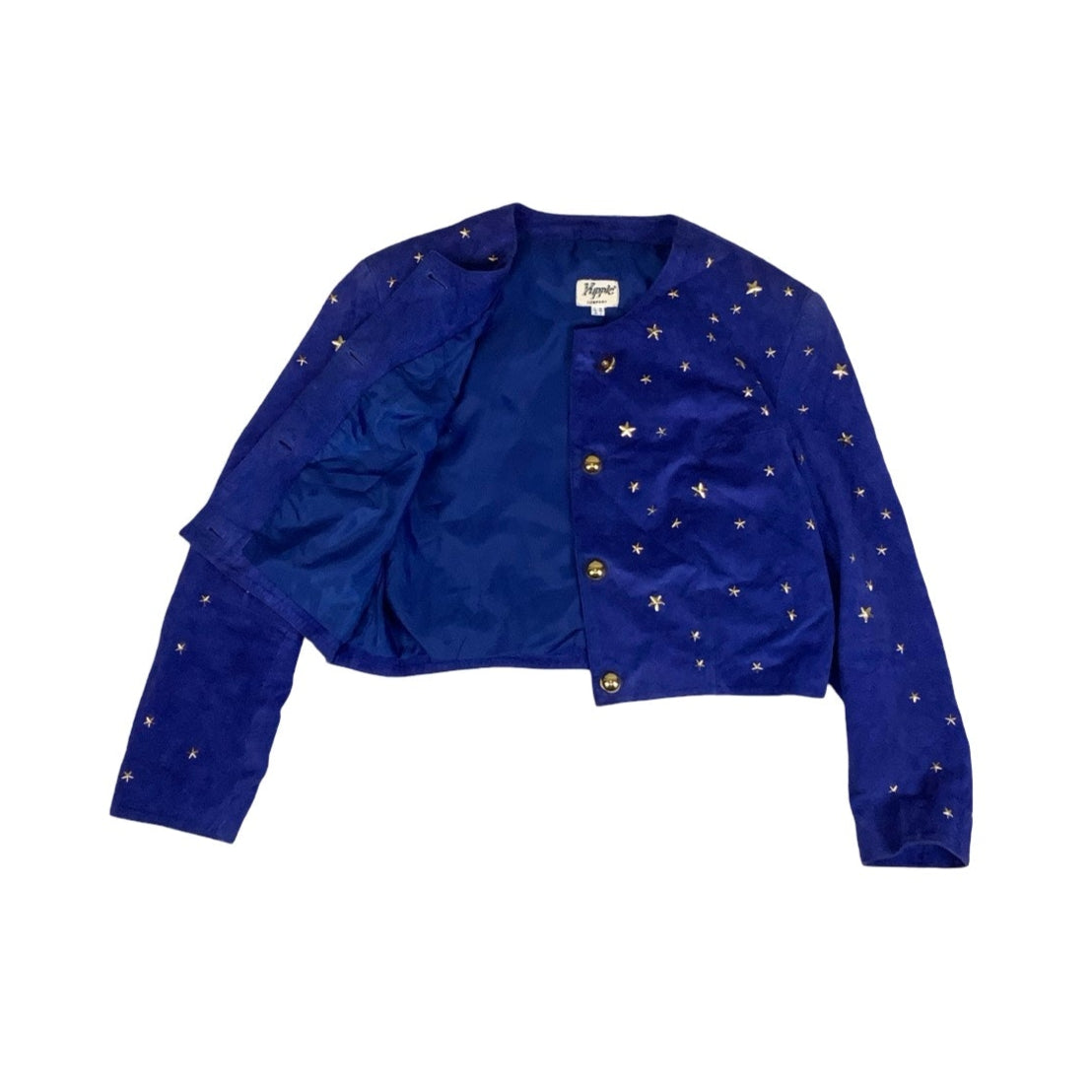 Vintage 80s ‘Kippie Company’ Blue Star Stud Crop Statement Suede Leather Jacket 12 14