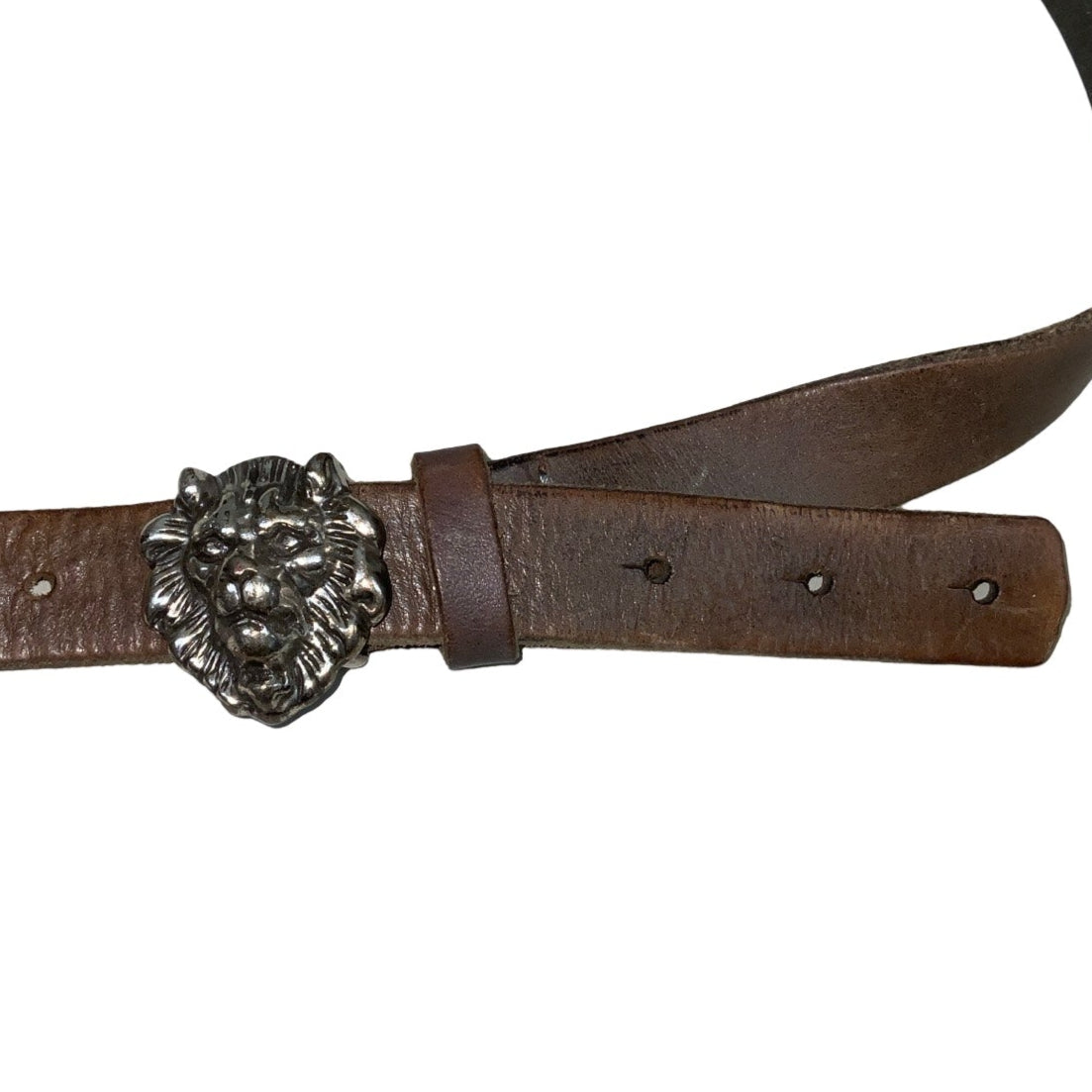 Vintage 80s 90s Thin Brown Suede (524) Leather Silver Lion Stud Buckle Belt