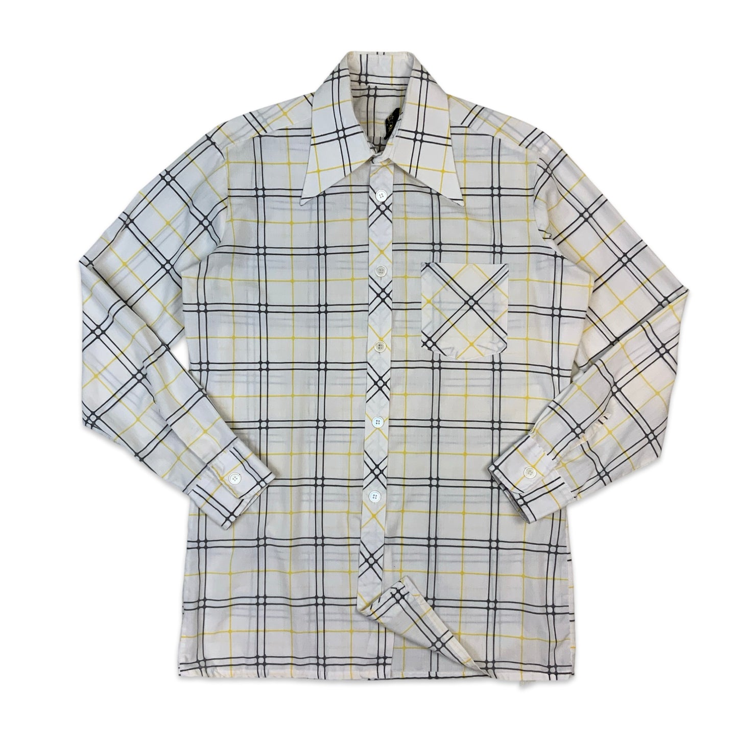 70s White Grey Yellow Checkered Dagger Collar Shirt M L